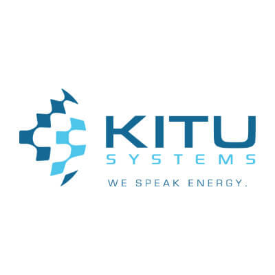 Kitu Systems logo with abstract blue shapes and the slogan We Speak Energy. in blue text on a white background.