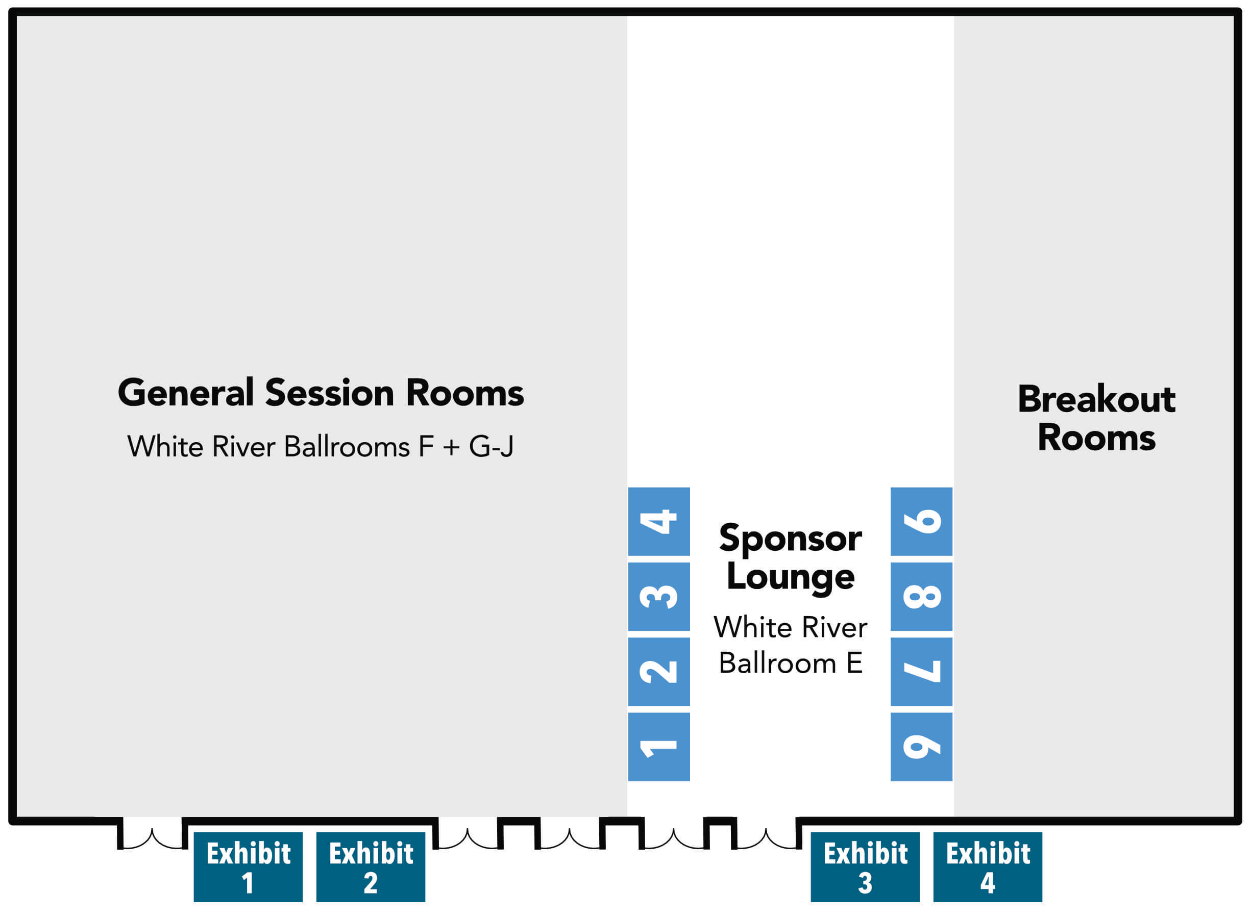 Floor plan showing General Session Rooms on the left, Breakout Rooms on the right, Sponsor Lounge in the center, and 8 numbered booths. Exhibits 1-4 are at the bottom of the image.