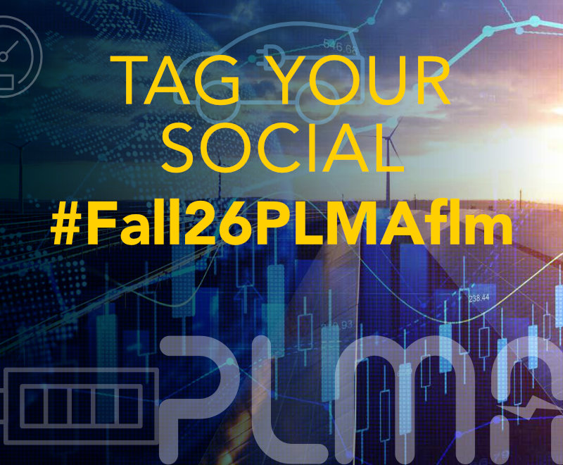 A digital graphic with yellow text reading “TAG YOUR SOCIAL #Fall26PLMAflm” over a background of graphs, bar charts, and a sunset cityscape, promoting social media tagging for an event.