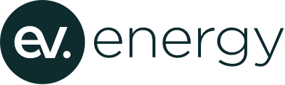 Logo for ev.energy, featuring a dark green circle with ev. in white lowercase letters, followed by the word energy in a modern, dark green font on a light background.