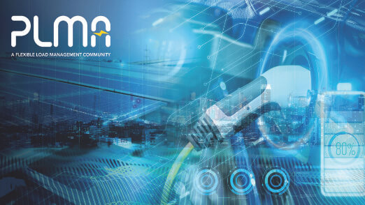 PLMA layered graphic with an EV plugin, solar panels and streaking lights.