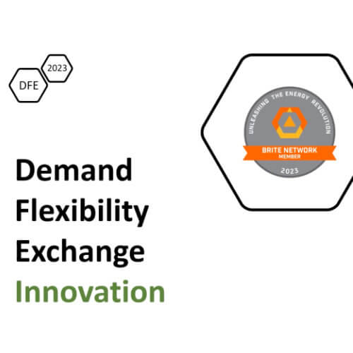 White screen with the words Demand Flexibility Exchange Innovation on it. A gray round badge, in the top right corner, with the words Brite Network Member on an orange ribbon.