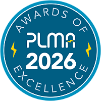 A blue circular badge with the words AWARDS OF EXCELLENCE around the edge, PLMA 2026 in the center, and two yellow lightning bolt accents on the sides.