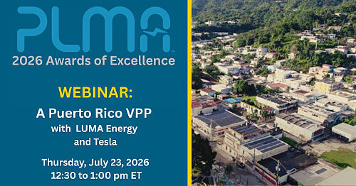 Webinar flyer for PLMA 2026 Awards: A Puerto Rico VPP with LUMA Energy and Tesla, July 23, 2026, 12:30-1:00 pm ET, city aerial view.