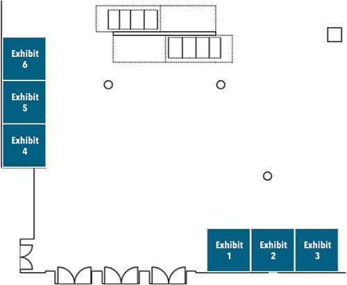 Floor plan showing six labeled exhibits: 1-3 on the right, 4-6 on the left, with open space and entry doors at the bottom.