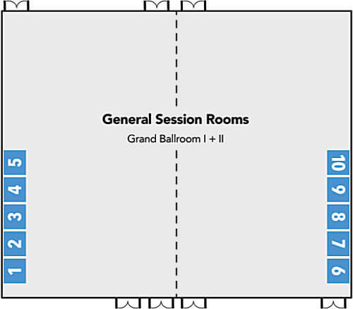 Diagram of Grand Ballroom split in two, with rooms 1-5 on the left and rooms 6-10 on the right.