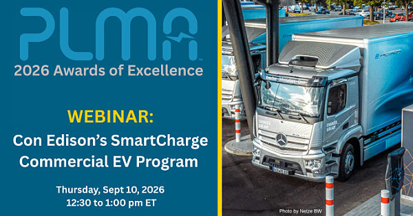 Webinar flyer for the PLMA 2026 Awards of Excellence, featuring electric trucks at charging stations and event details.