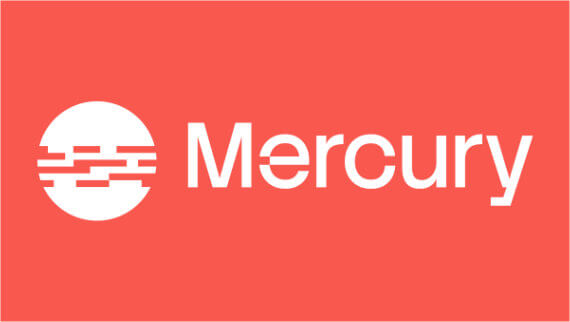 White Mercury text and logo with horizontal lines on a coral background.