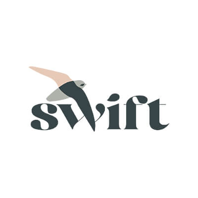 Swift Strategy Logo with the word swift where the w is styled as a flying bird with an orange wing.
